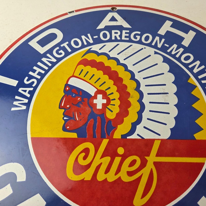 Vintage Idaho Gasoline Sign – Indian Chief Gas Motor Oil Pump Porcelain Sign