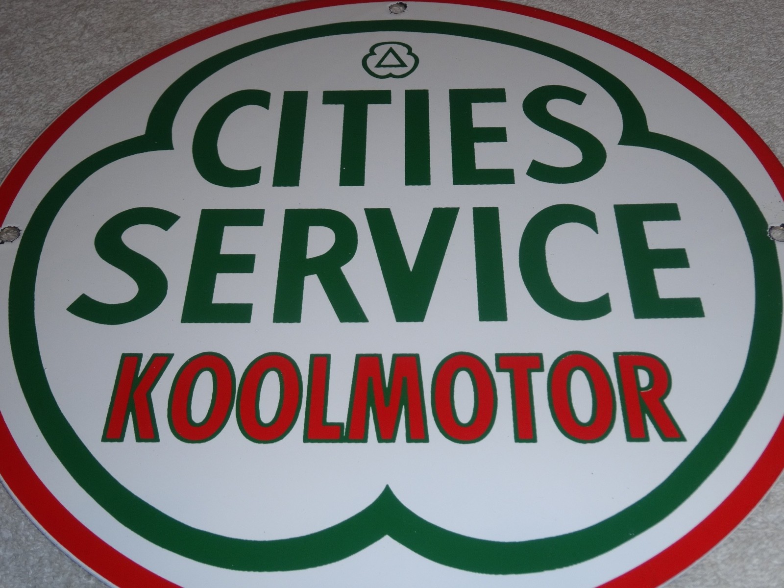 VINTAGE CITIES SERVICE KOOLMOTOR GASOLINE 11 3/4″ PORCELAIN METAL GAS OIL SIGN!