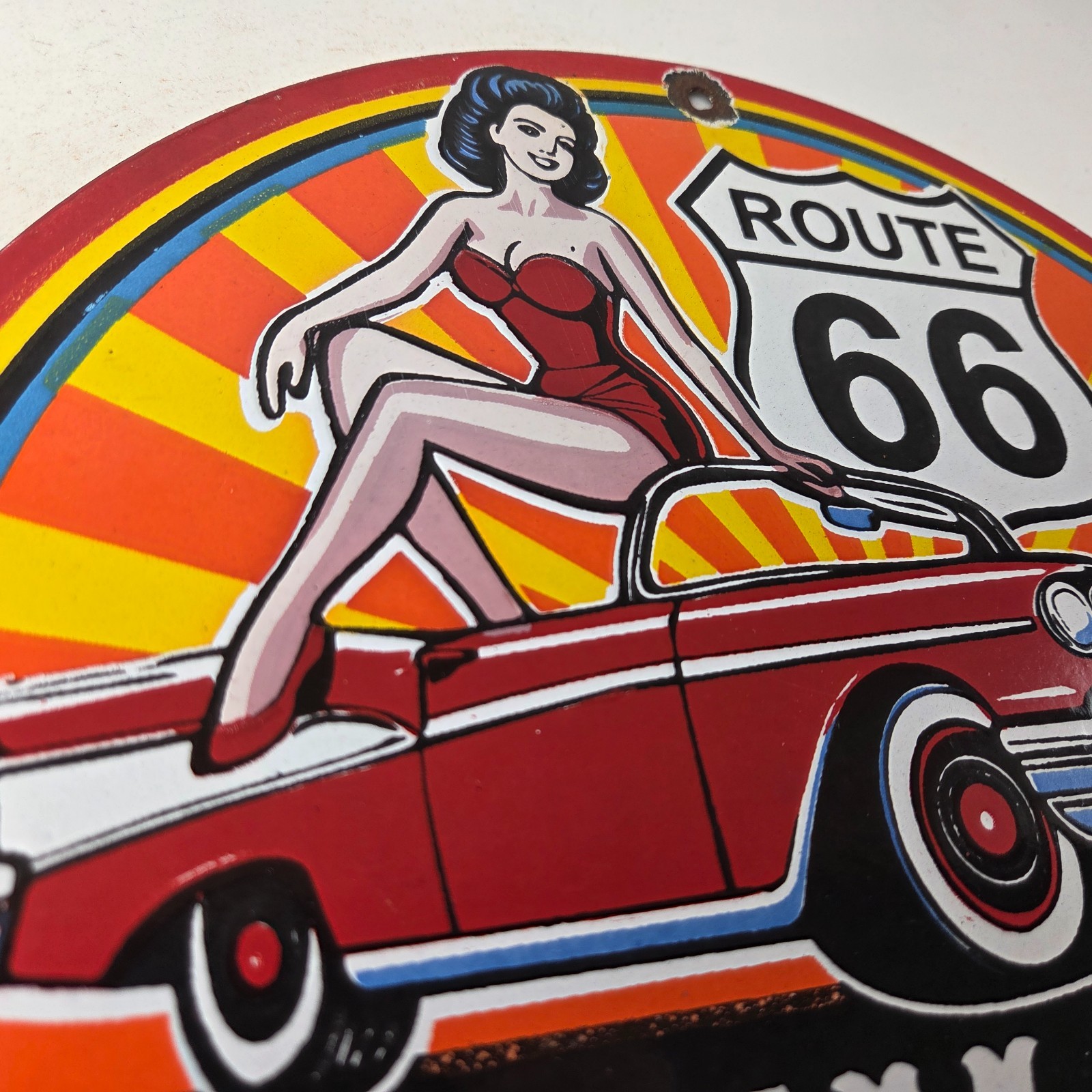 Vintage Texaco Route 66 Pin Up Porcelain Sign – Chevy Gas Station Sign