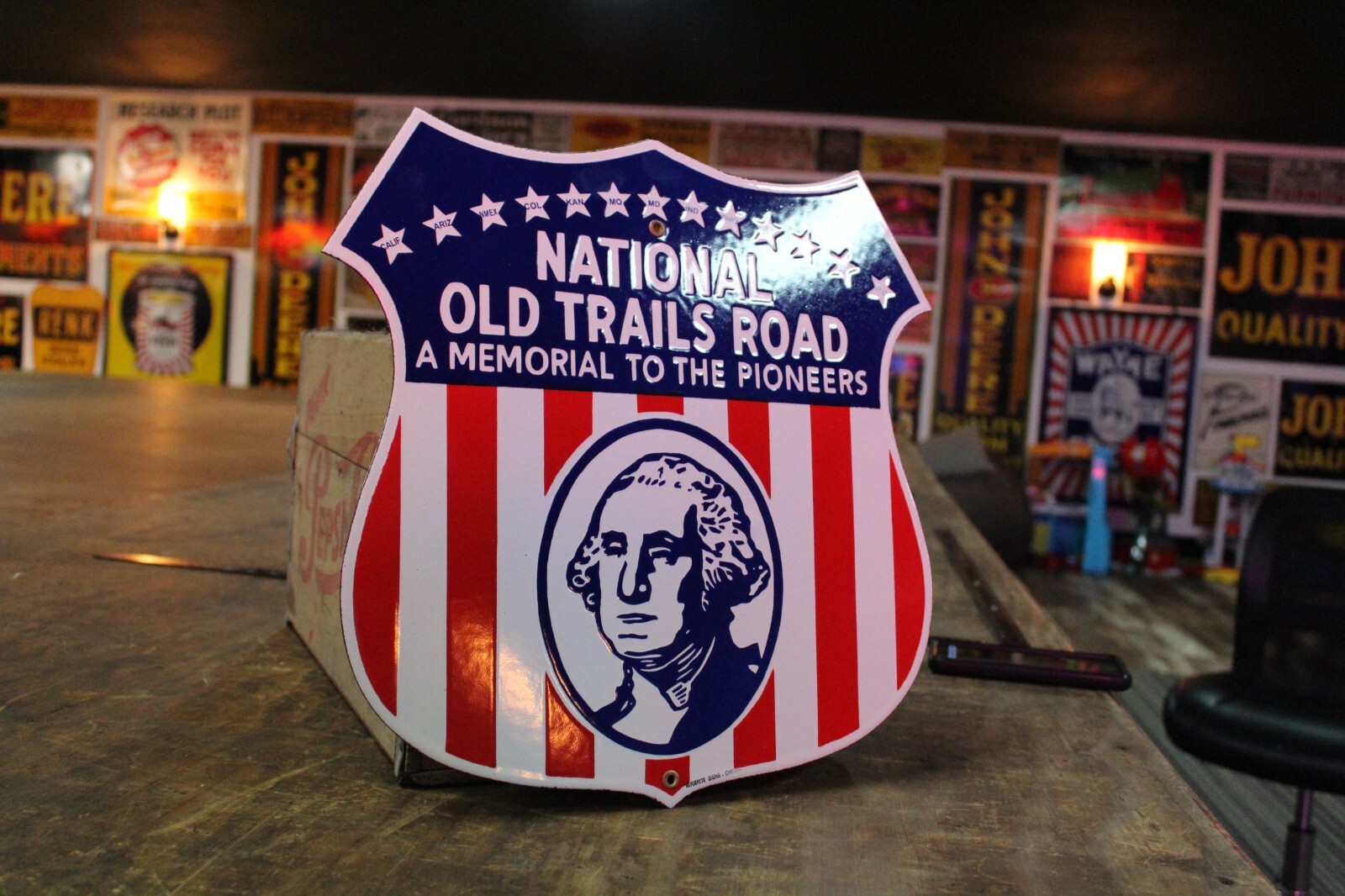16″ NATIONAL OLD TRAIL ROAD PIONEER PORCELAIN METAL SIGN GAS OIL FORD ROAD 66