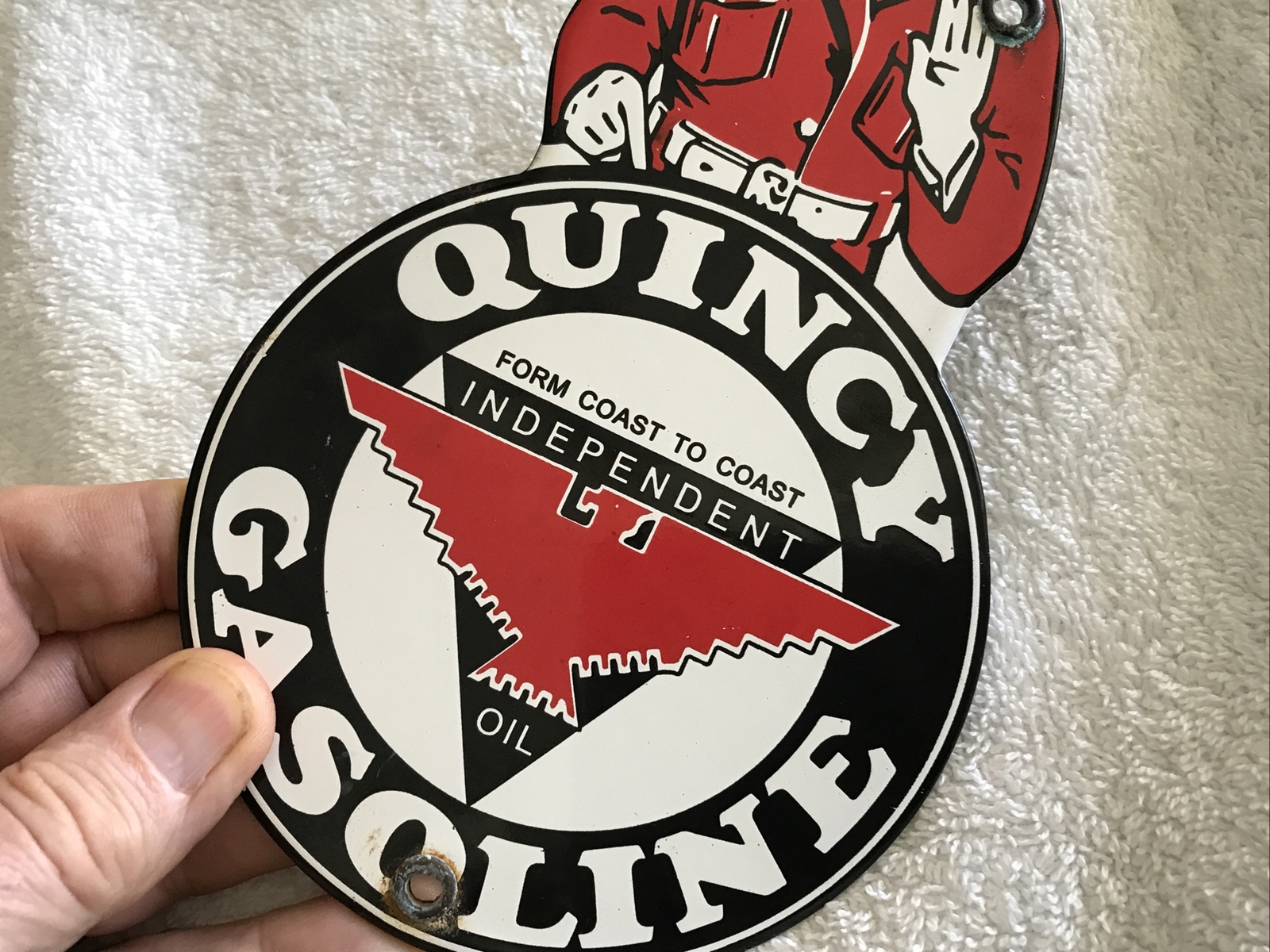 QUINCY GASOLINE, INDEPENDENT OIL, PORCELAIN DIE CUT SIGN