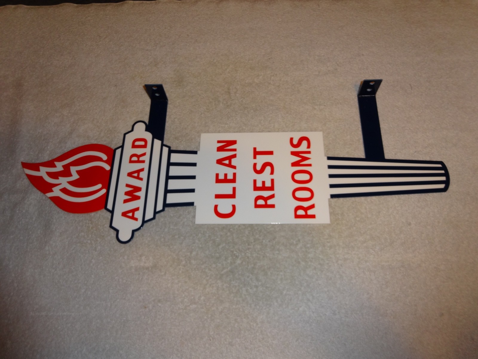 VINTAGE STANDARD GASOLINE TORCH CLEAN RESTROOM HUGE 2′ METAL AWARD BATHROOM SIGN
