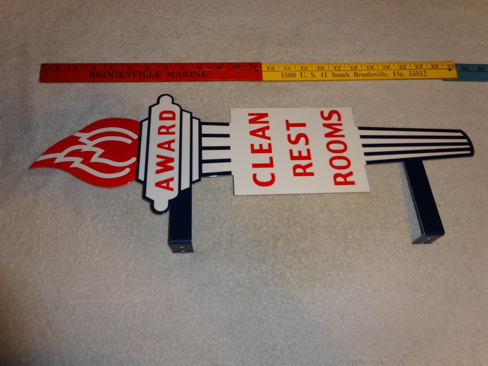 VINTAGE STANDARD GASOLINE TORCH CLEAN RESTROOM HUGE 2′ METAL AWARD BATHROOM SIGN