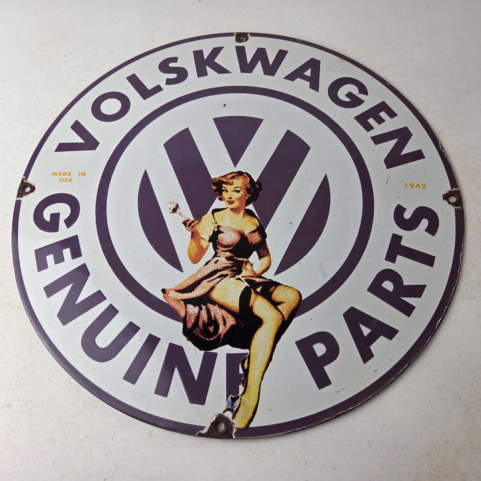 Vintage Volkswagen Sign – Porcelain Dealership Sales VW Automobile Gas Pump Sign