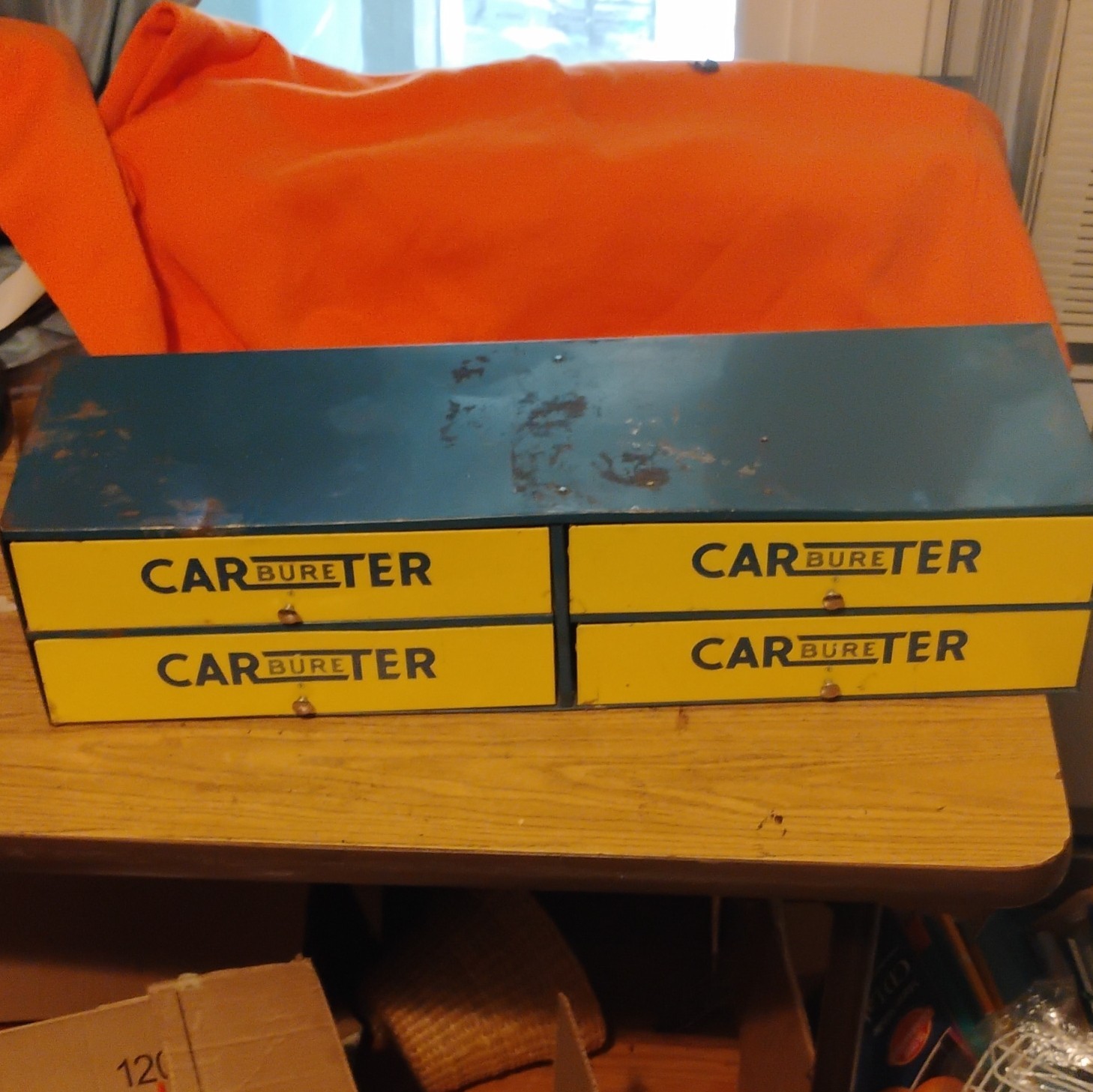 1958 CARTER CARBURETOR Vintage Parts CABINET DISPLAY SIGN W/ VINTAGE PART OWNERS