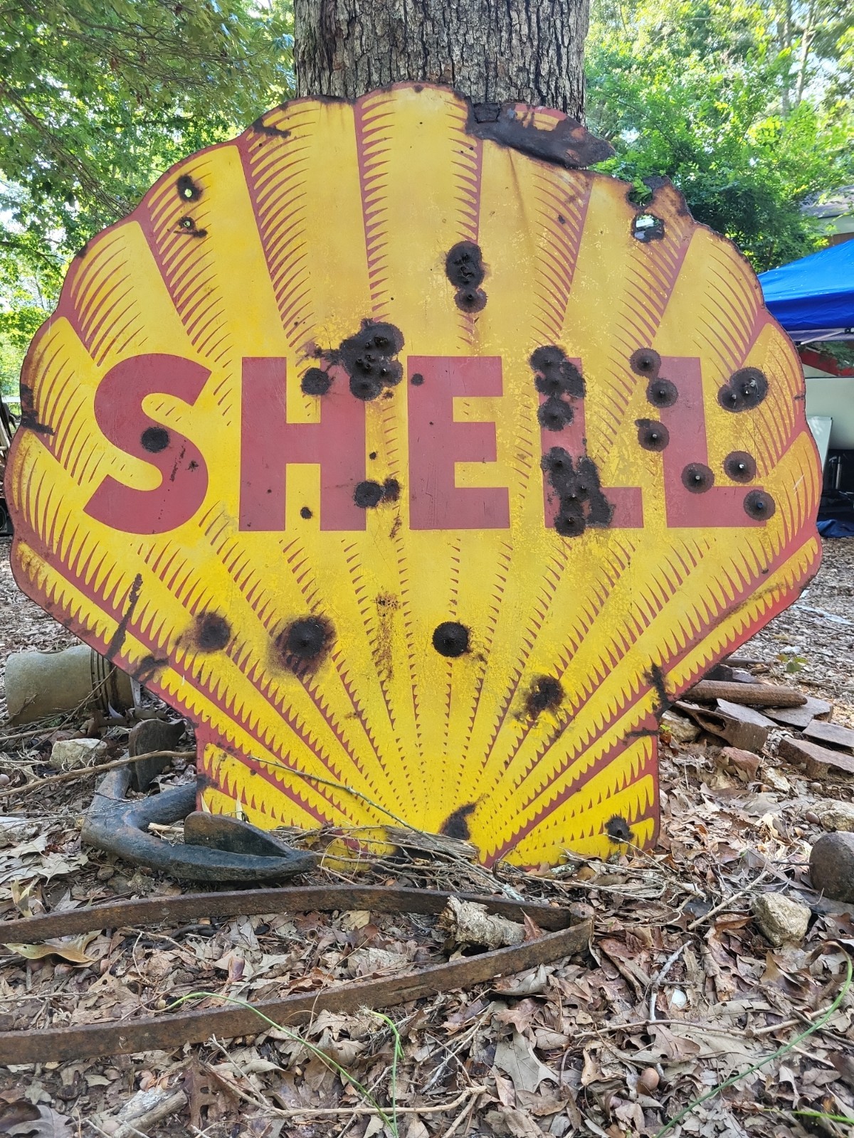 Old Original Antique 1940s 1950s SHELL tiger Sign Porcelain 48″ Double Sided Gas