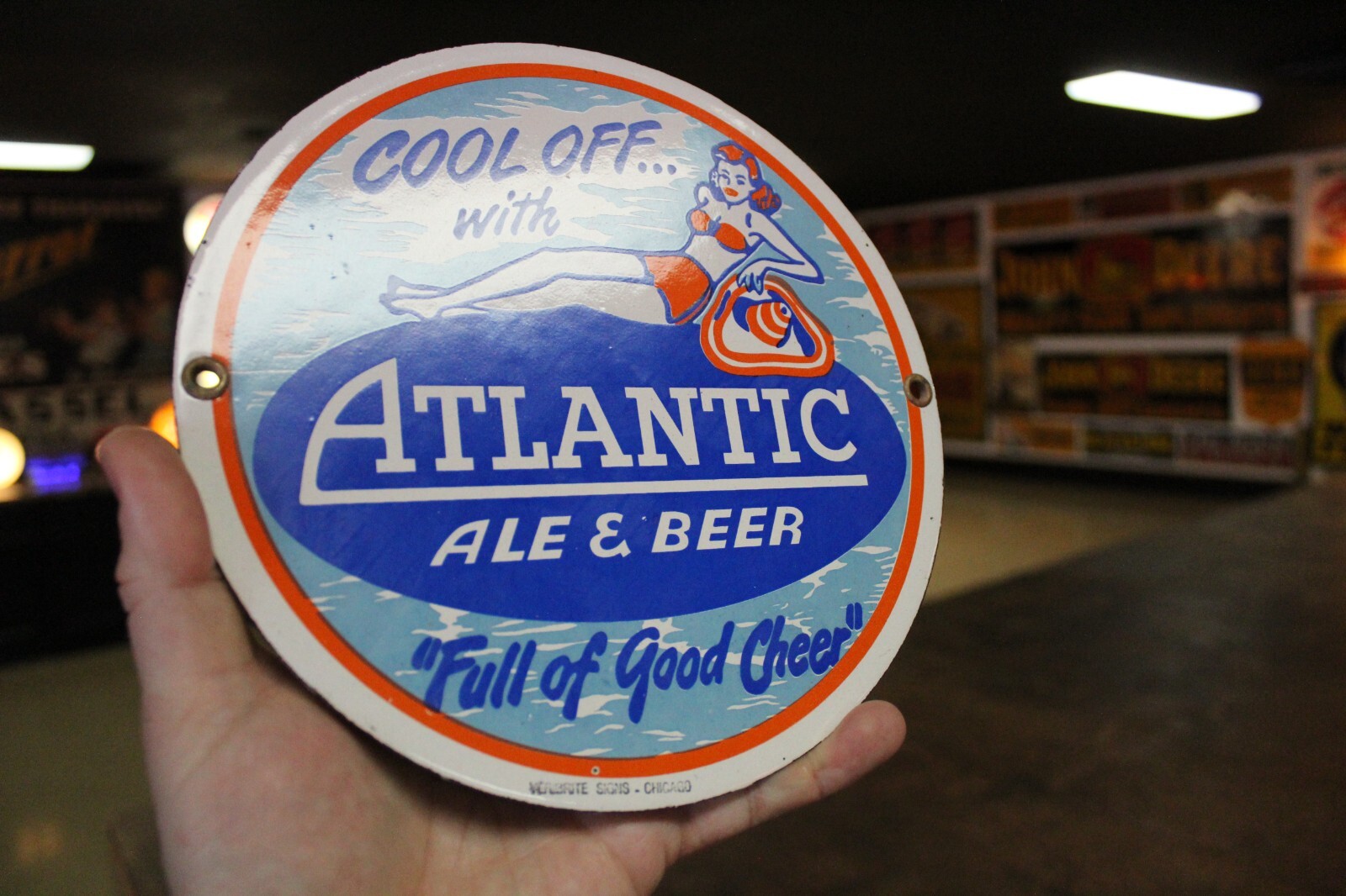 RARE ATLANTIC ALE BEER DEALER PORCELAIN METAL SIGN SWIMSUIT GIRL BEACH MAINE