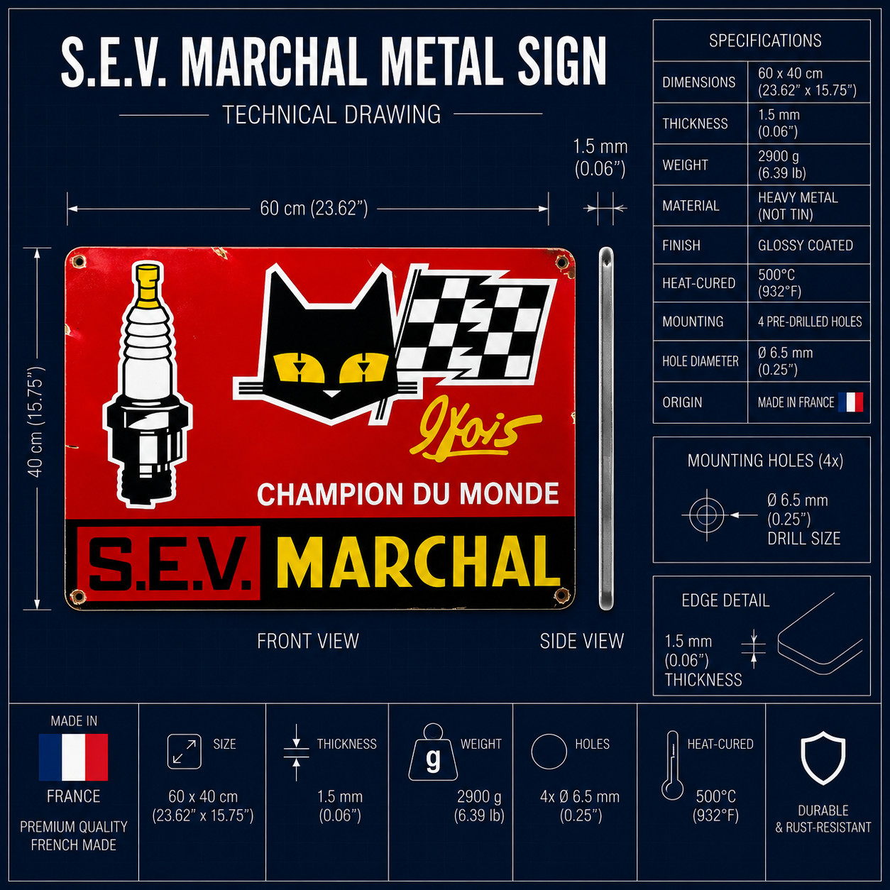 Vintage Rusty S.E.V. Marchal Champion du MondeMetal Sign–60×40 cm (23.6” × 15.7)