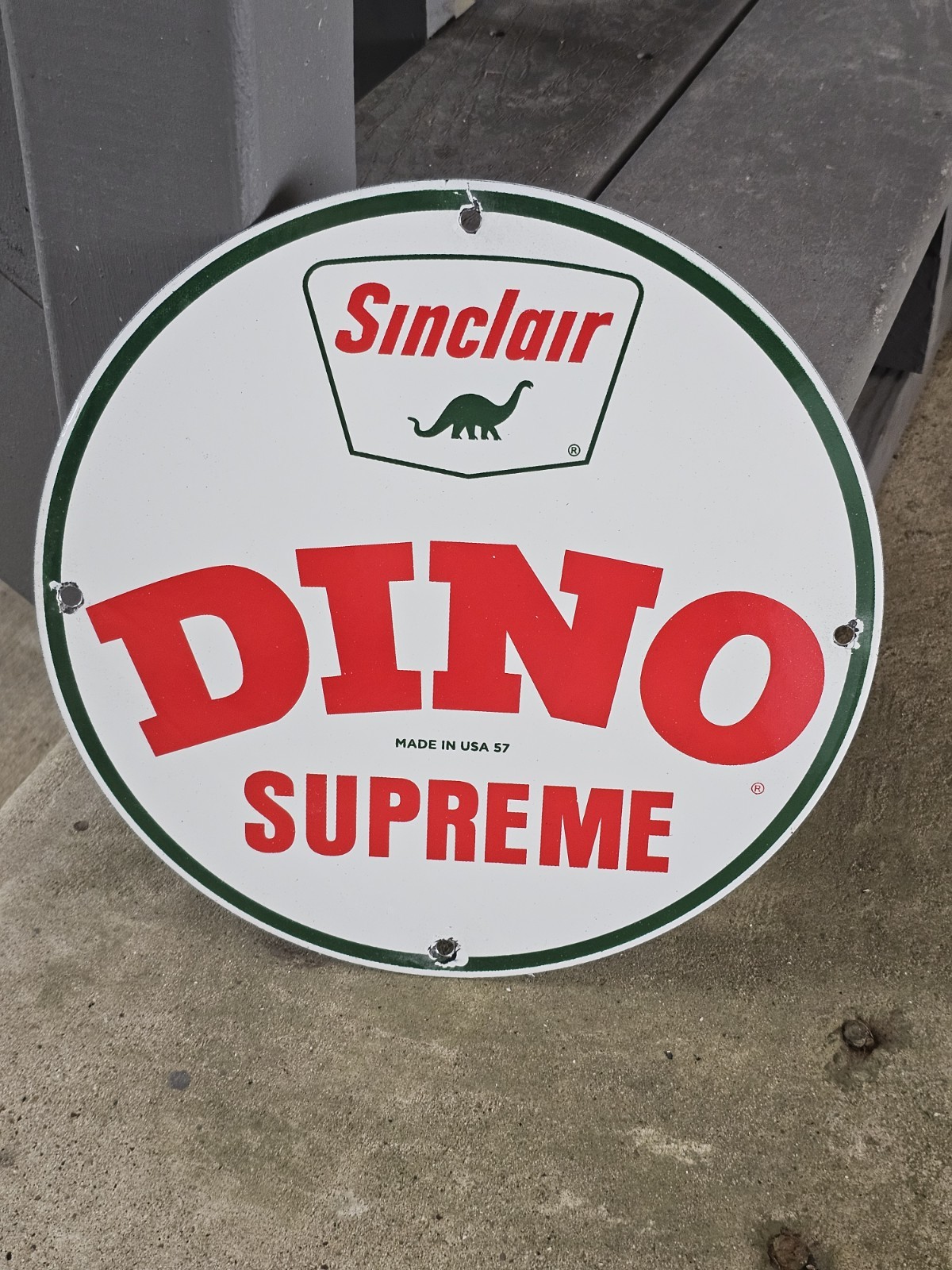 VINTAGE 1957 SINCLAIR DINO SUPREME PACKED PORCELAIN SIGN 12″