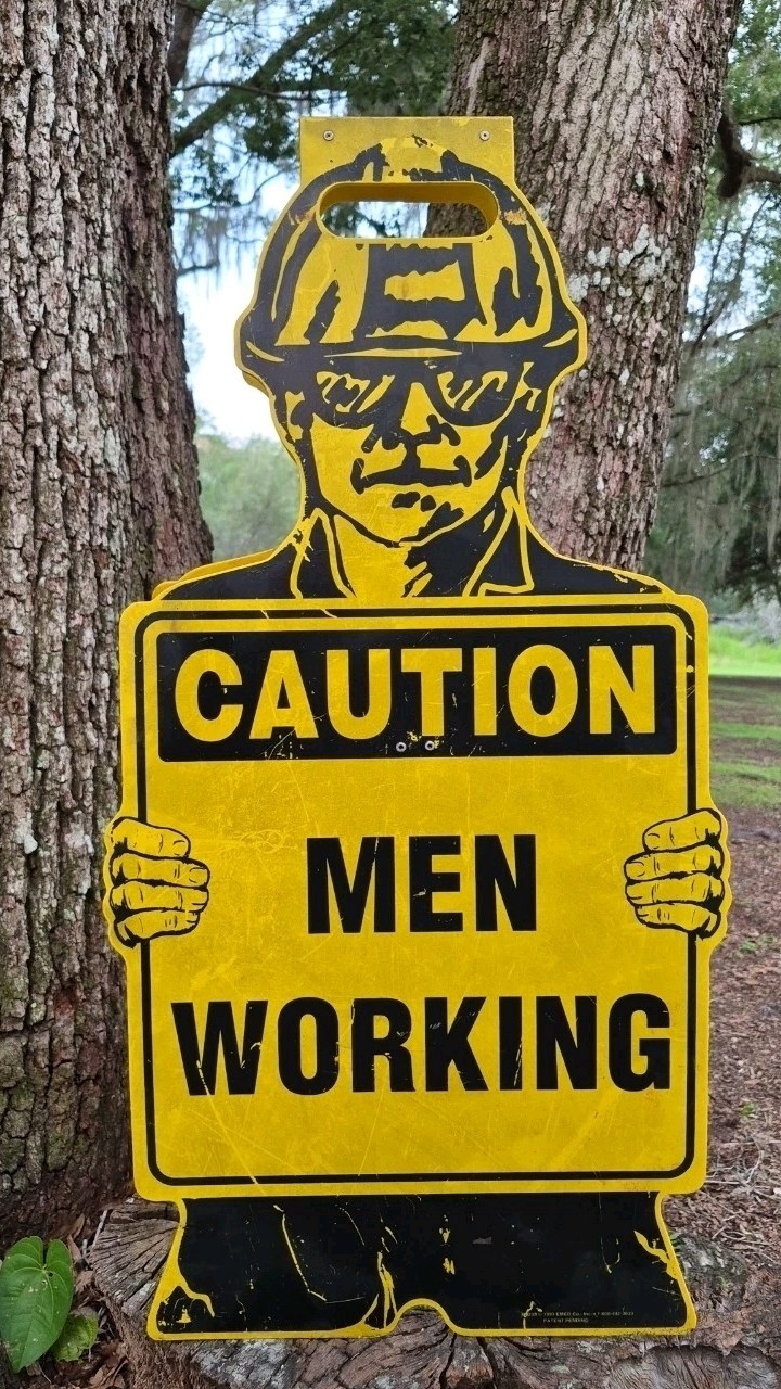 EMED Co Caution Men Working Stand Up Construction Sign Workshop Man Cave Vintage