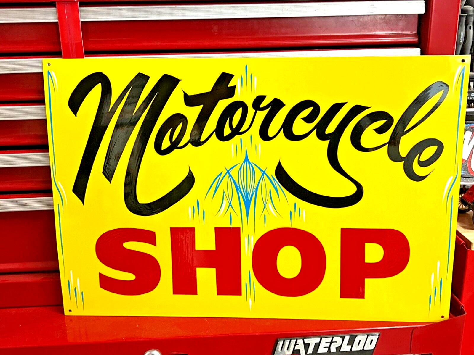 PINSTRIPED Painted Motorcycle Biker Shop Sign Sturgis Garage Man cave Repair
