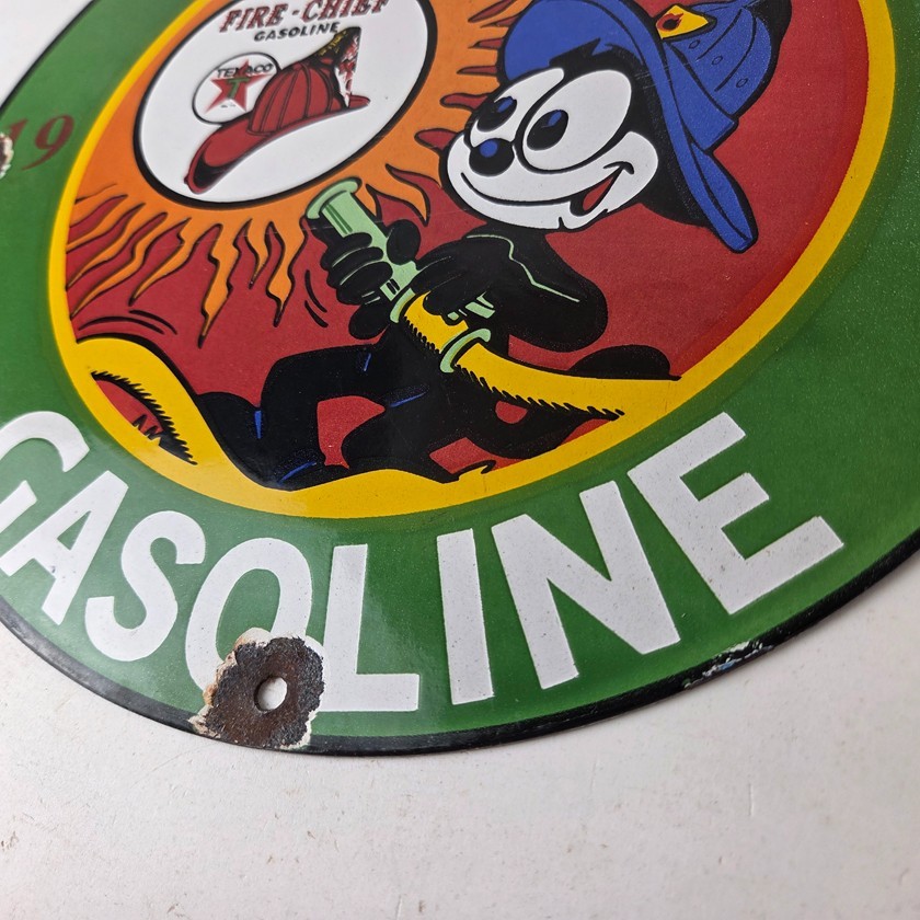 Vintage Texaco Gasoline Porcelain Felix The Cat Firefighter Gas Pump Plate Sign