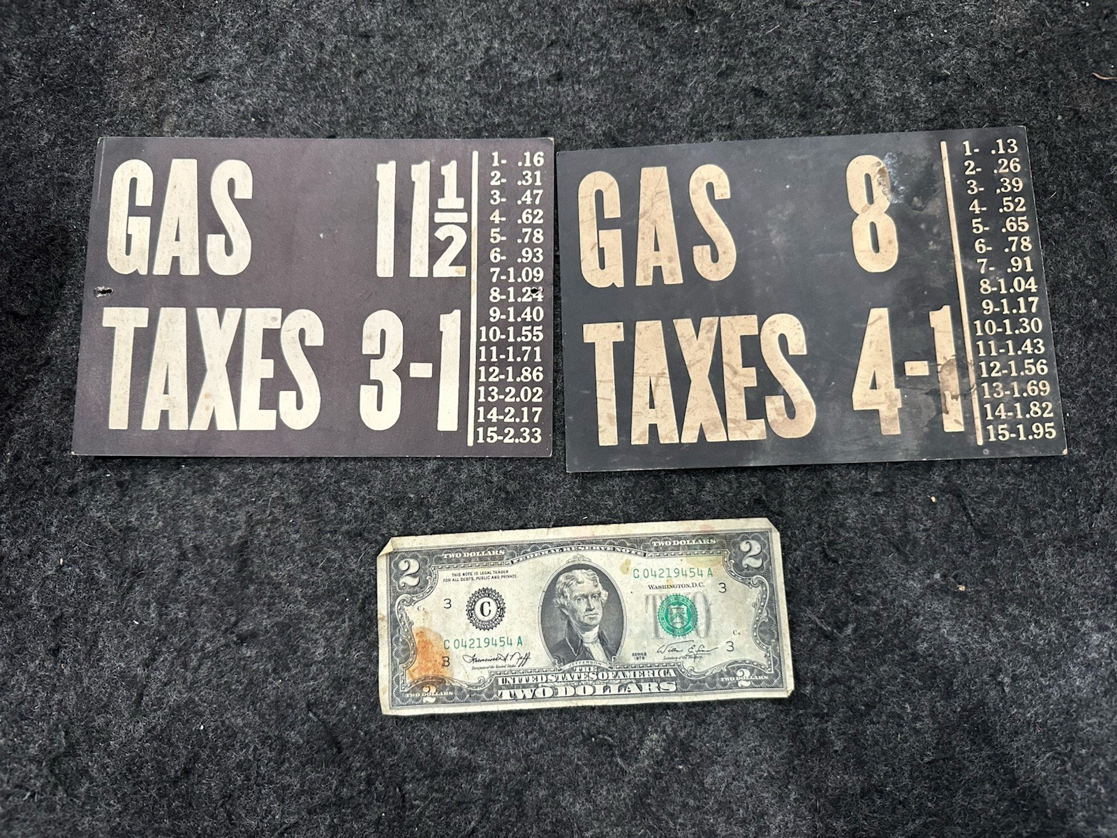 2 two side Visible Gas Service Station Pump Price Tax Paper Sign vtg 1920s rare
