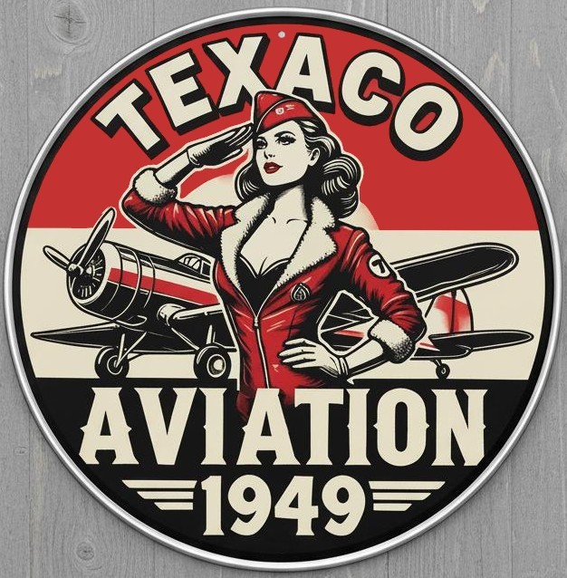 Texaco Aviation 1949 12″ Diameter Vintage Novelty Metal Sign Made In USA