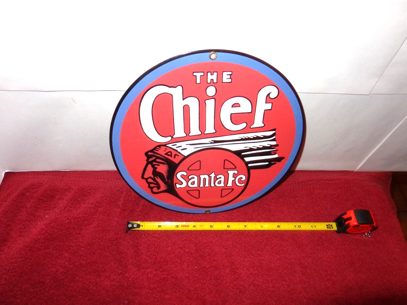 9 7/8 in SANTA FE CHIEF RAILROAD ADV. SIGN HEAVY DIE CUT METAL PORCELAIN – 920 D