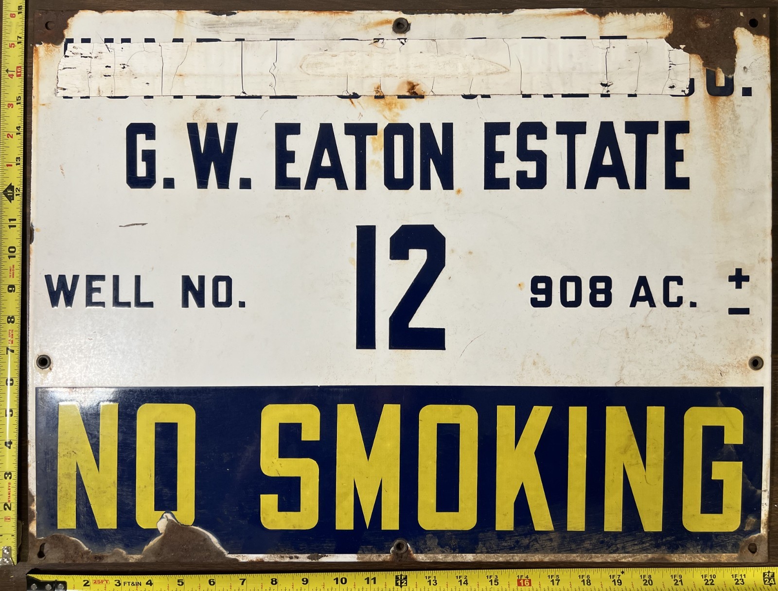 Large Vintage Porcelain Oil Field Sign – Humble Oil & Refining Co. GW Eaton Est.