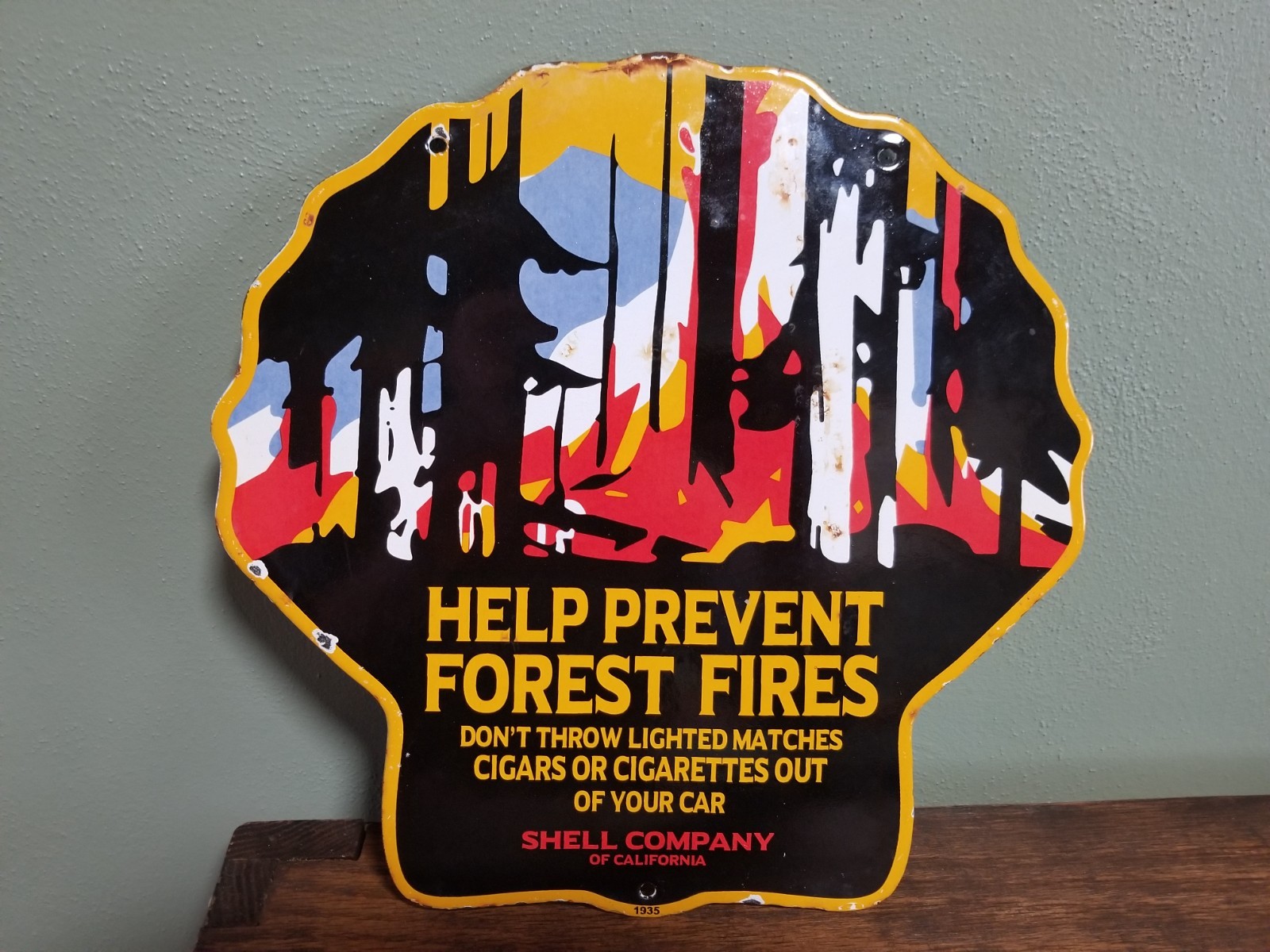 Vintage 1935 Shell Company Porcelain Enamel Pump Sign Prevent Forest Fires