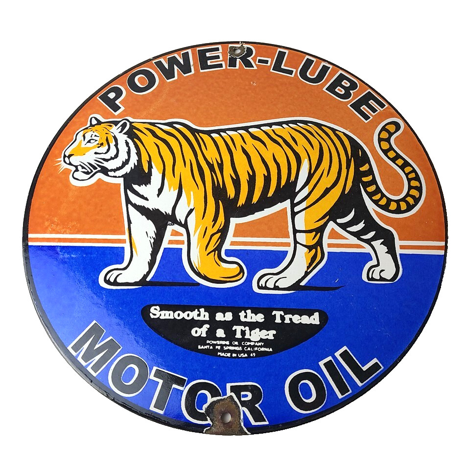 Vintage Power Lube Gasoline Sign – Tiger Motor Oil Gas Pump Ad Porcelain Sign