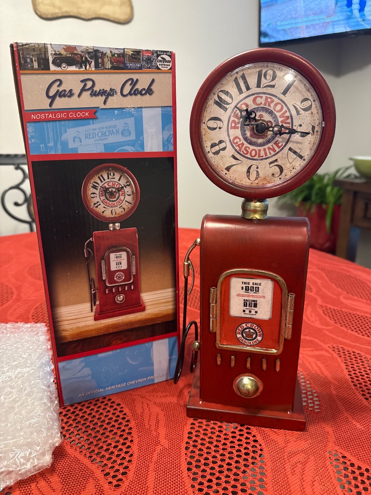 decorative Red Crown Gasoline gas pump desk clock, often sold as a vintage-style