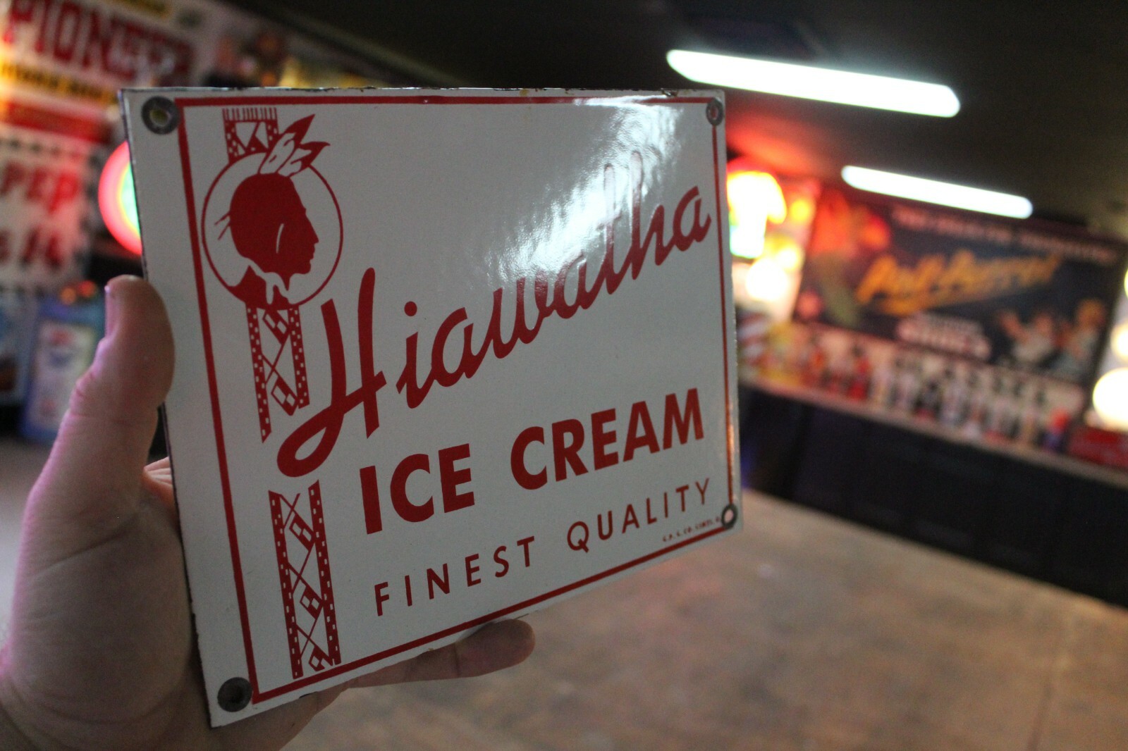 HIAWATHA INDIAN ICE CREAM DEALER COW MILK PORCELAIN METAL SIGN GAS OIL FARM