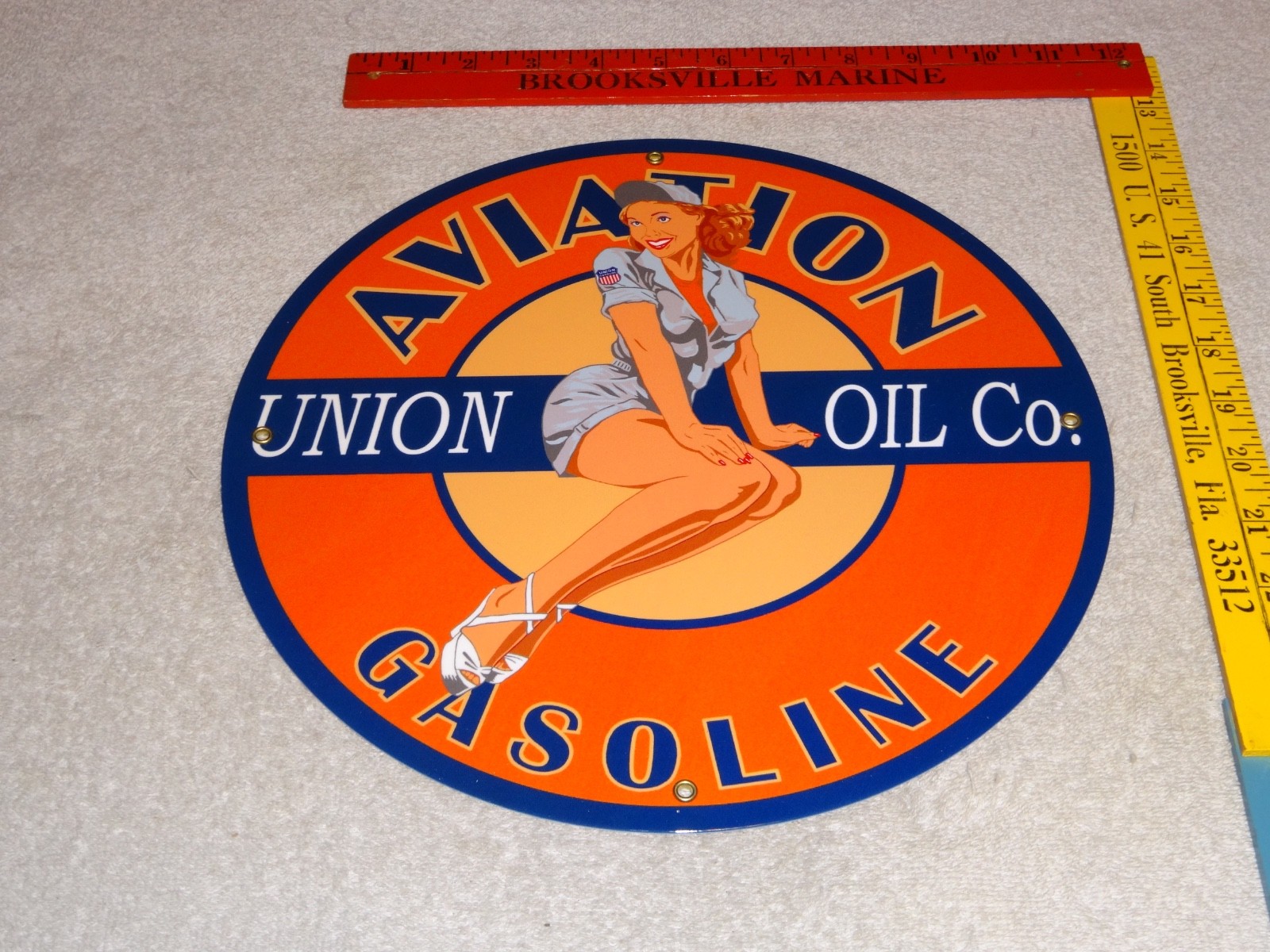 VINTAGE UNION AVIATION GASOLINE STATION +WOMAN 11 3/4″ PORCELAIN METAL OIL SIGN