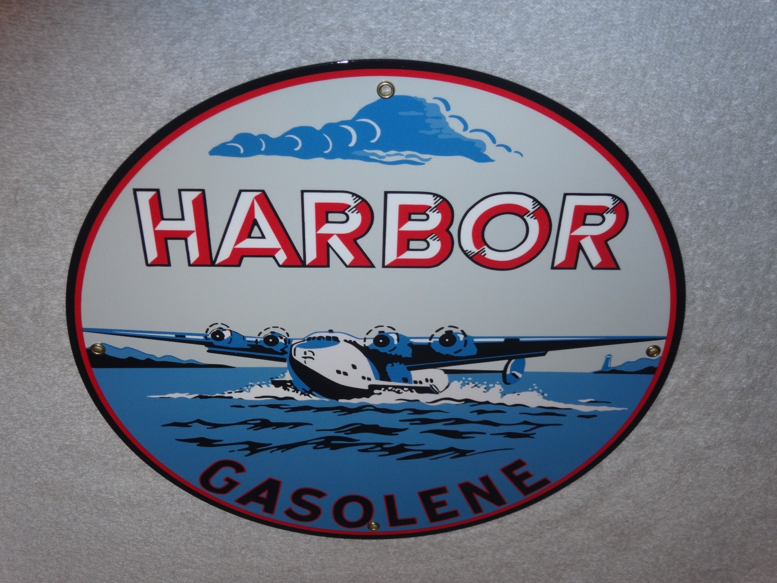 VINTAGE HARBOR GASOLINE AIRPLANE SEAPLANE 11 3/4″ PORCELAIN METAL GAS & OIL SIGN
