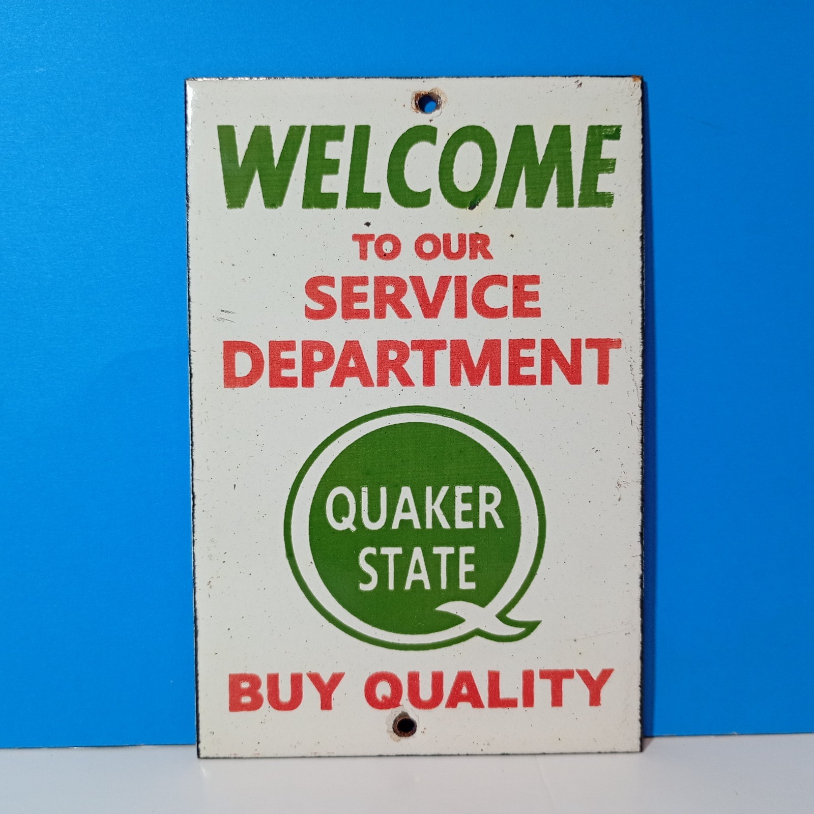 Vintage Quaker State Service Porcelain Enamel Sign 6″ x 4″ Inches