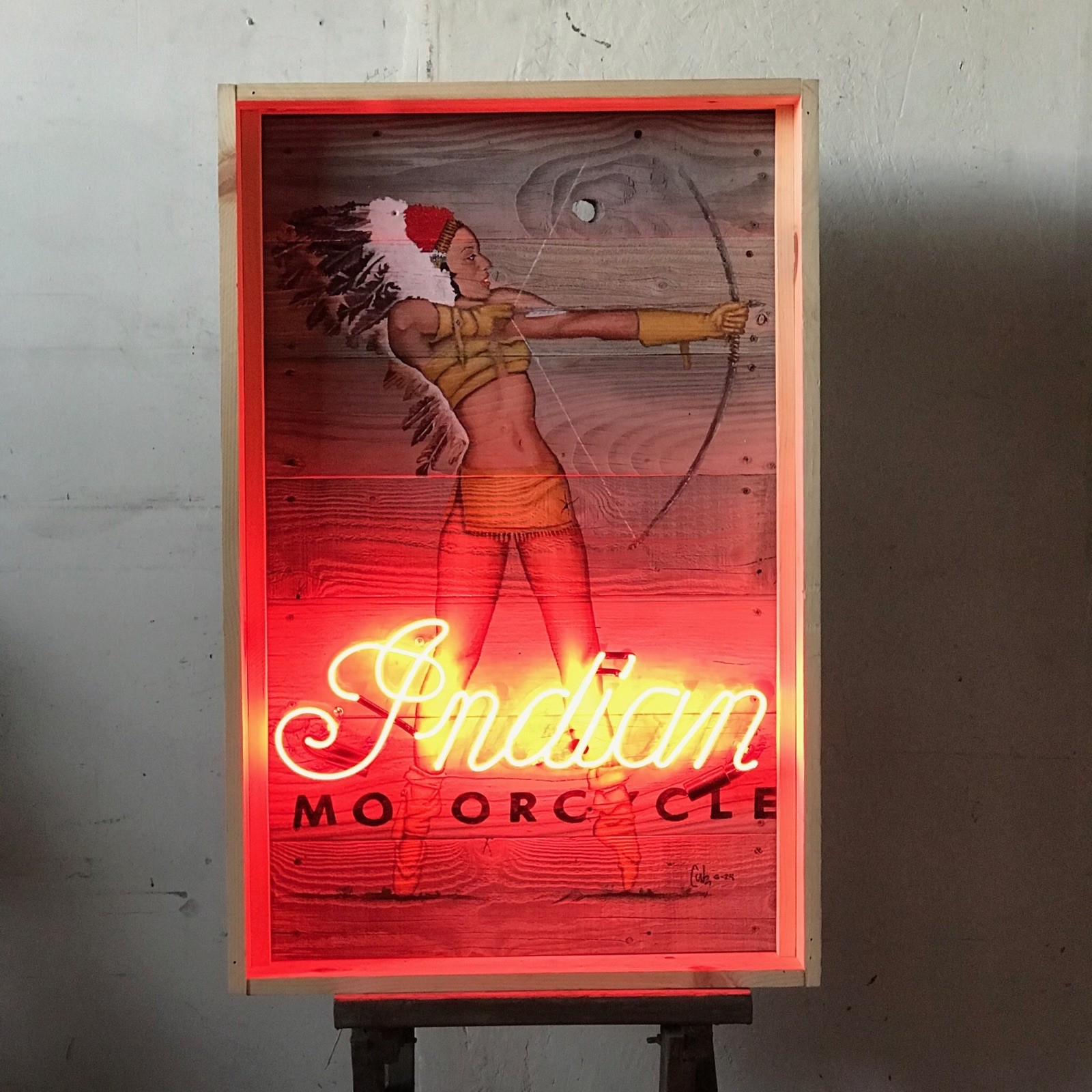 Classic Indian Motorcycle Neon Sign Women with Bow And Arrow. White Neon Light
