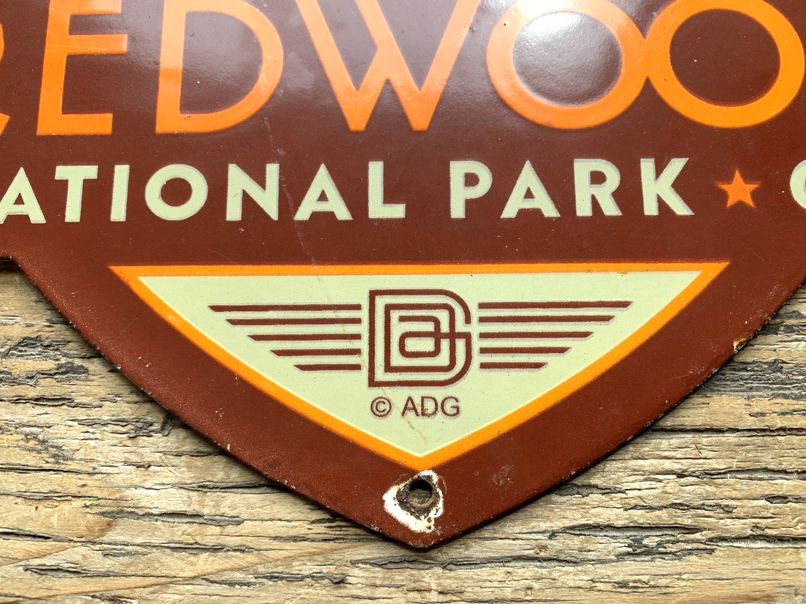 VINTAGE 12×11″ REDWOOD NATIONAL PARK CA PORCELAIN GASOLINE OIL PUMP STATION SIGN