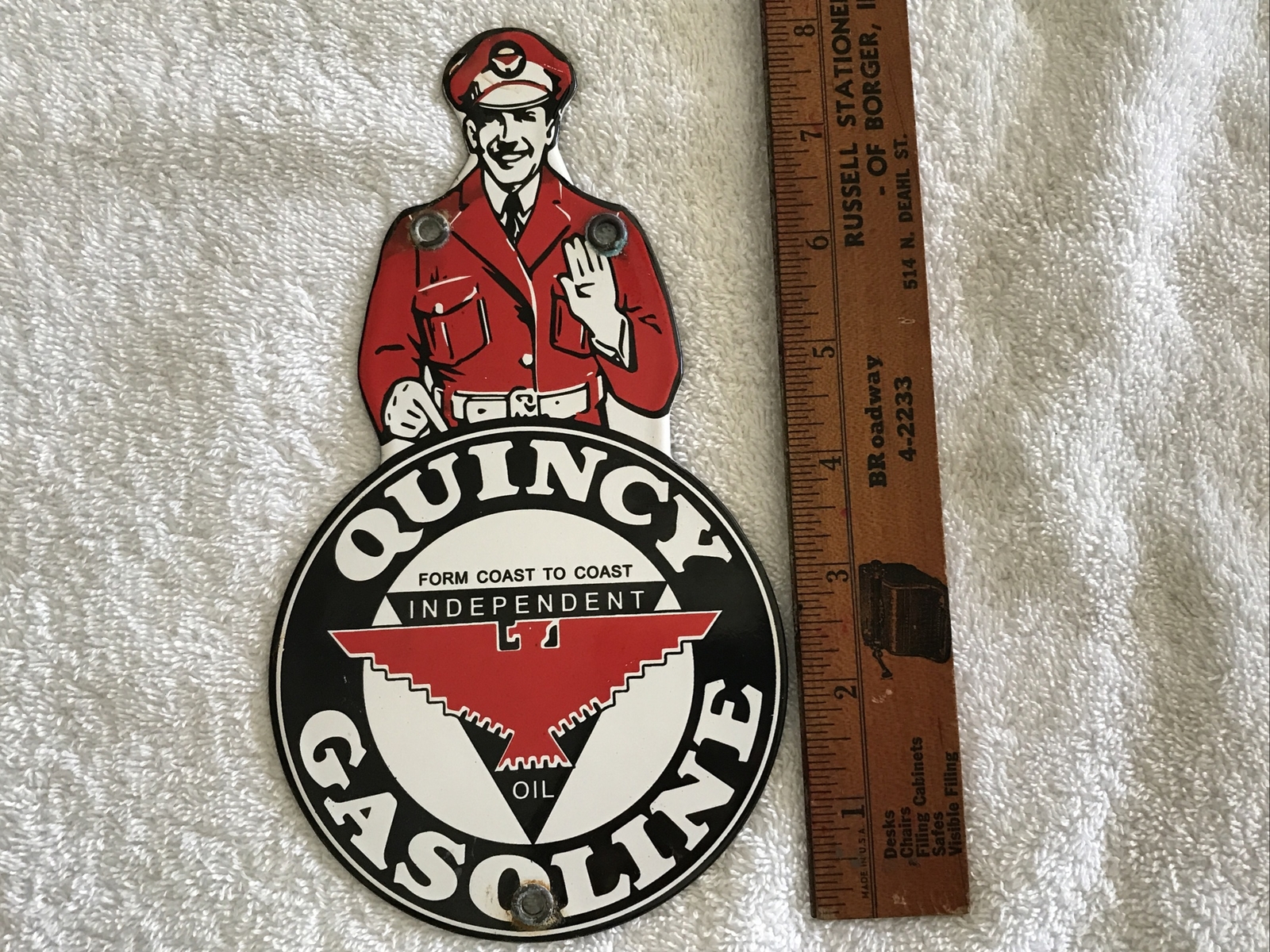 QUINCY GASOLINE, INDEPENDENT OIL, PORCELAIN DIE CUT SIGN