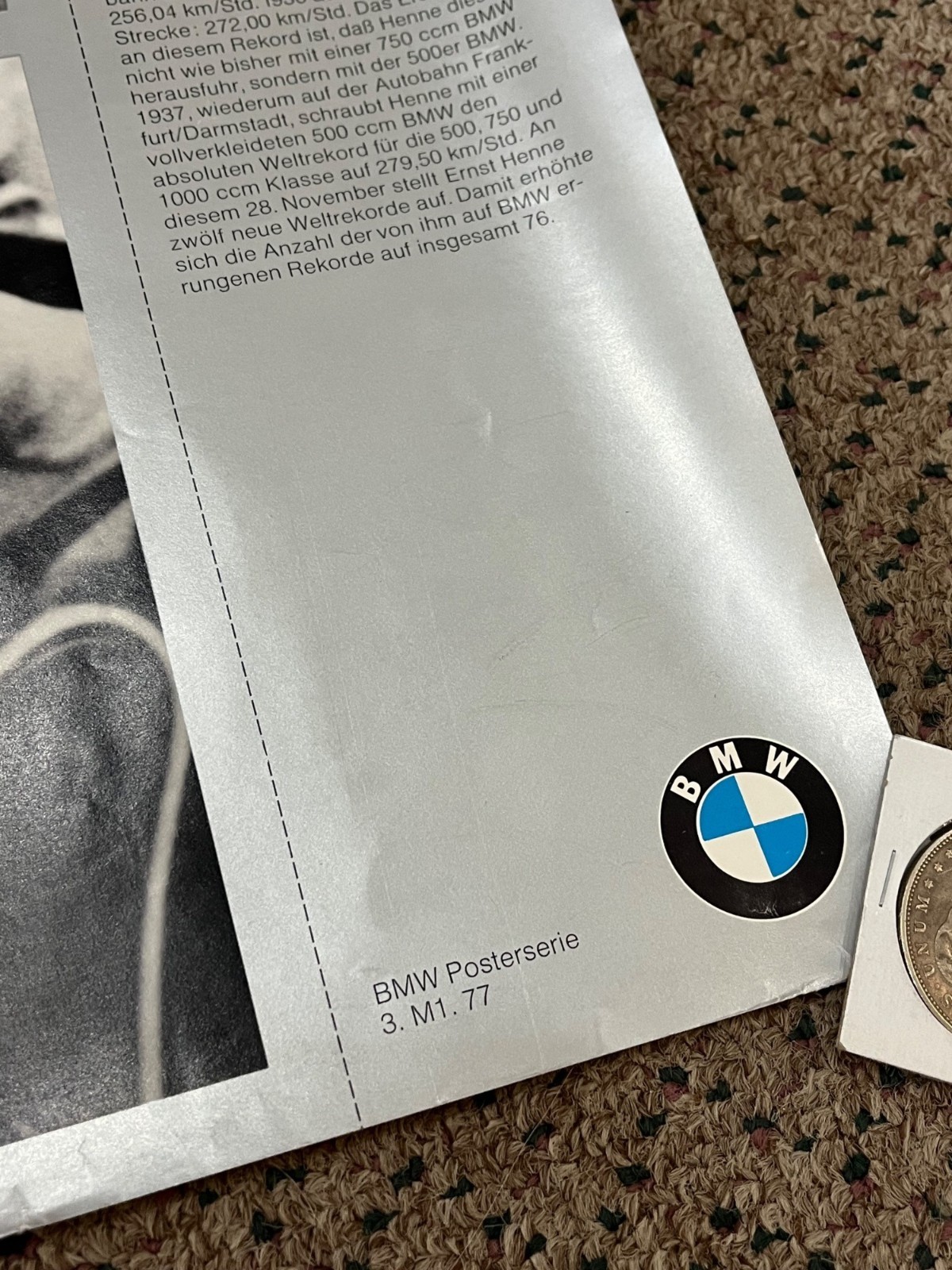 Vintage 70s BMW Motorcycle Poster Record Time Ernst Henne Promo Advertising Sign
