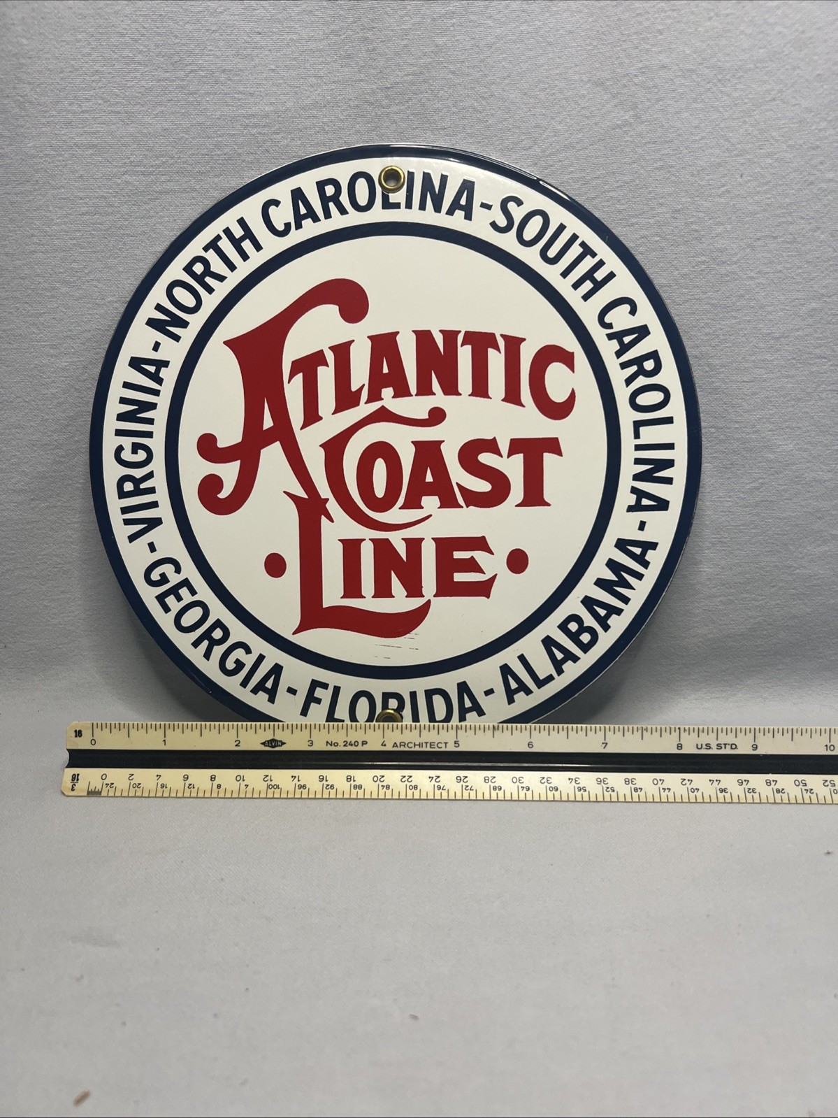 VINTAGE ATLANTIC COAST LINE RAILROAD 9″ PORCELAIN METAL TRAIN, GASOLINE OIL SIGN