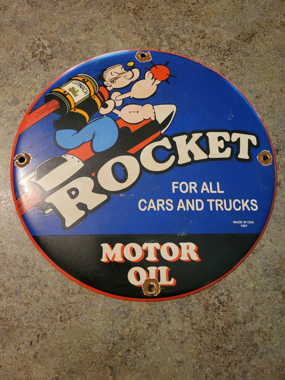 Vintage 11.75″ Porcelain Metal Advertising Sign ROCKET MOTOR OIL Popeye