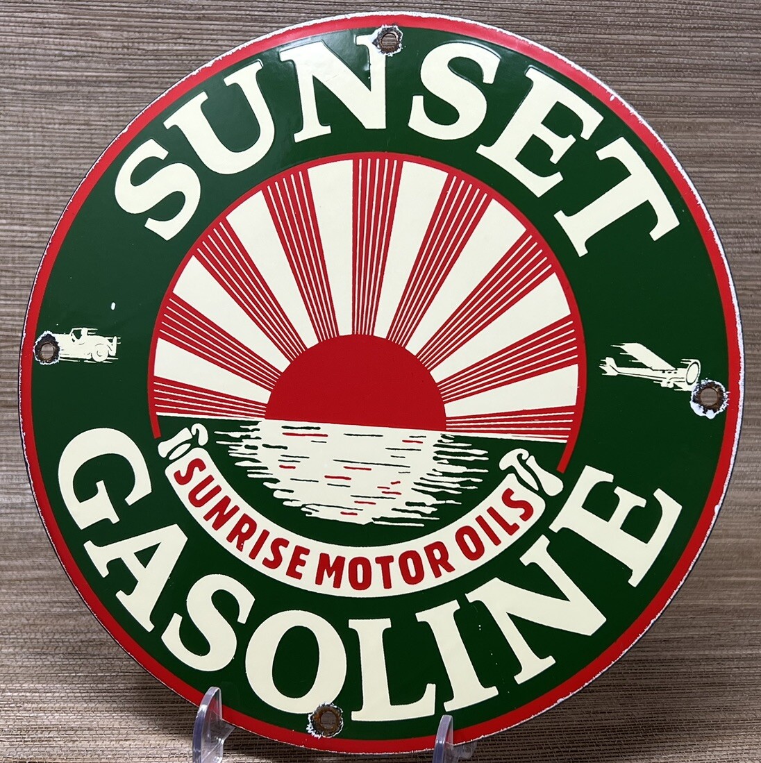 VINTAGE SUNSET GASOLINE PORCELAIN SIGN SERVICE GAS STATION SUNRISE MOTOR OIL