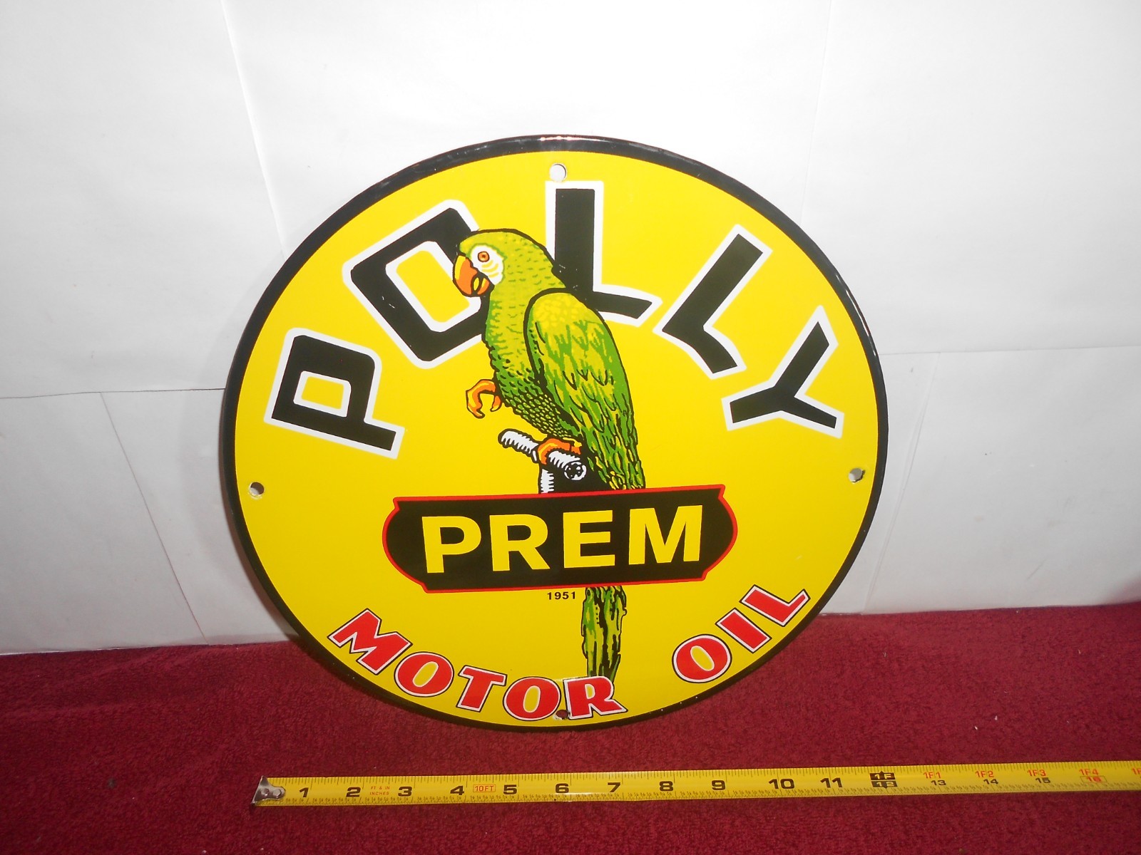 VINTAGE 11 3/4 in POLLY PARROT MOTOR OIL ADV SIGN HEAVY METAL PORCELAIN -953 A