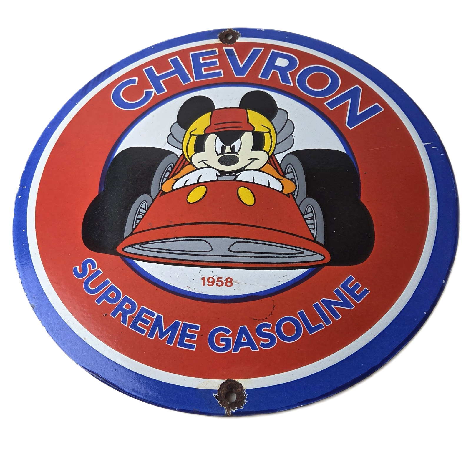 Vintage Chevron Gasoline Sign – Mickey Mouse Racing Auto Gas Porcelain Sign
