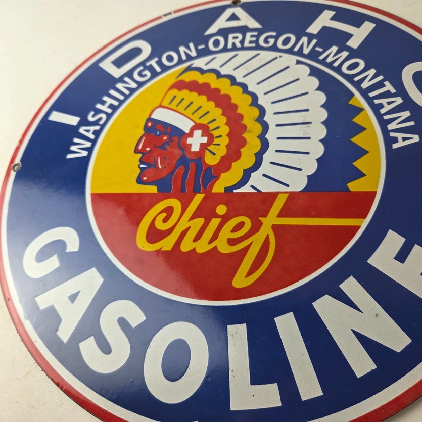 Vintage Idaho Gasoline Sign – Indian Chief Gas Motor Oil Pump Porcelain Sign