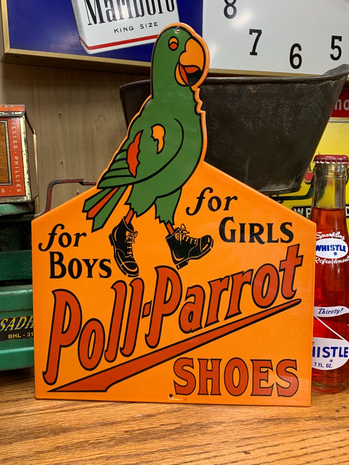 “POLL-PARROT SHOES” PORCELAIN ADVERTISING SIGN, (12″x 8″) NICE COND/GREAT SIGN