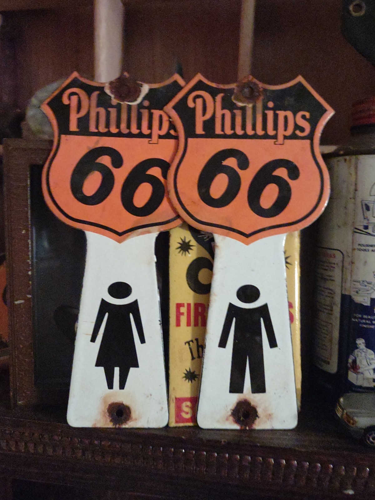 VTG Phillips 66 Porcelain Gas Station Sign Pair Restroom Bathroom Key Holder