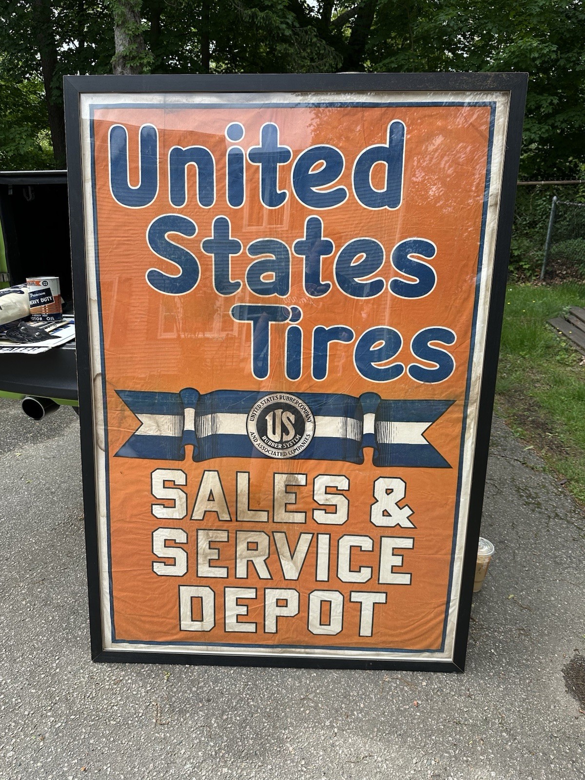VINTAGE 1920- 30’s U.S. Tires Service Sign Framed GAS STATION BANNER Cloth 5ft