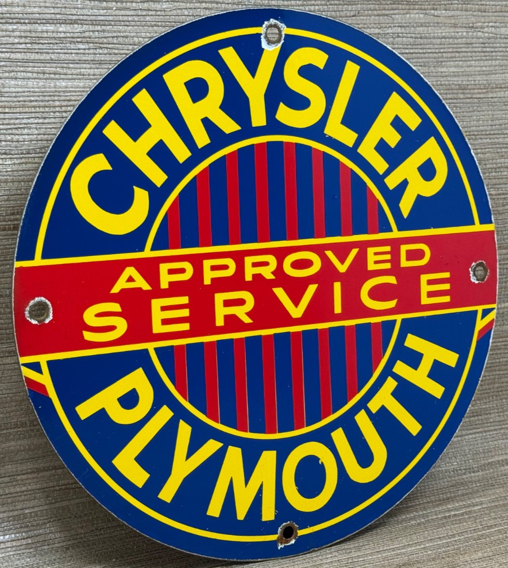 VINTAGE CHRYSLER PORCELAIN SIGN GENERAL MOTORS DEALERSHIP GAS OIL PLYMOUTH MOPAR