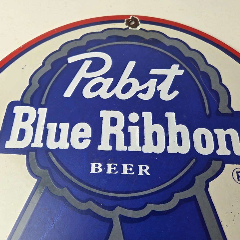 Vintage Pabst Blue Ribbon Beer Porcelain Sign – Ribbon Badge Logo Sign