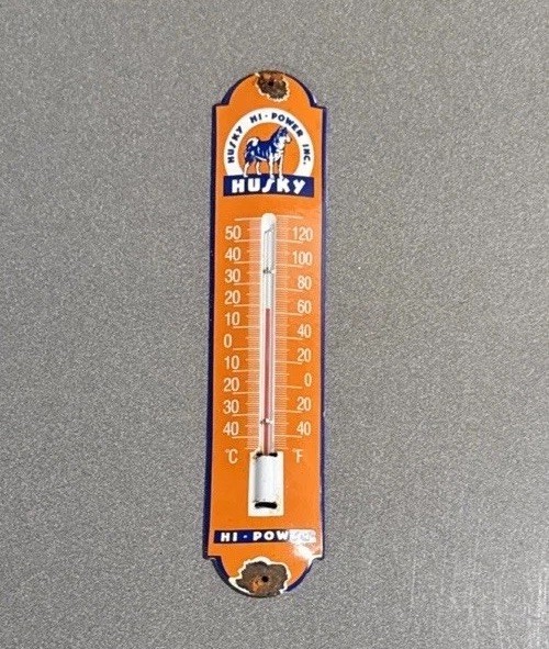 VINTAGE 12” HUSKY DOG PORCELAIN THERMOMETER SIGN CAR GAS OIL MOTORCYCLE TRUCK