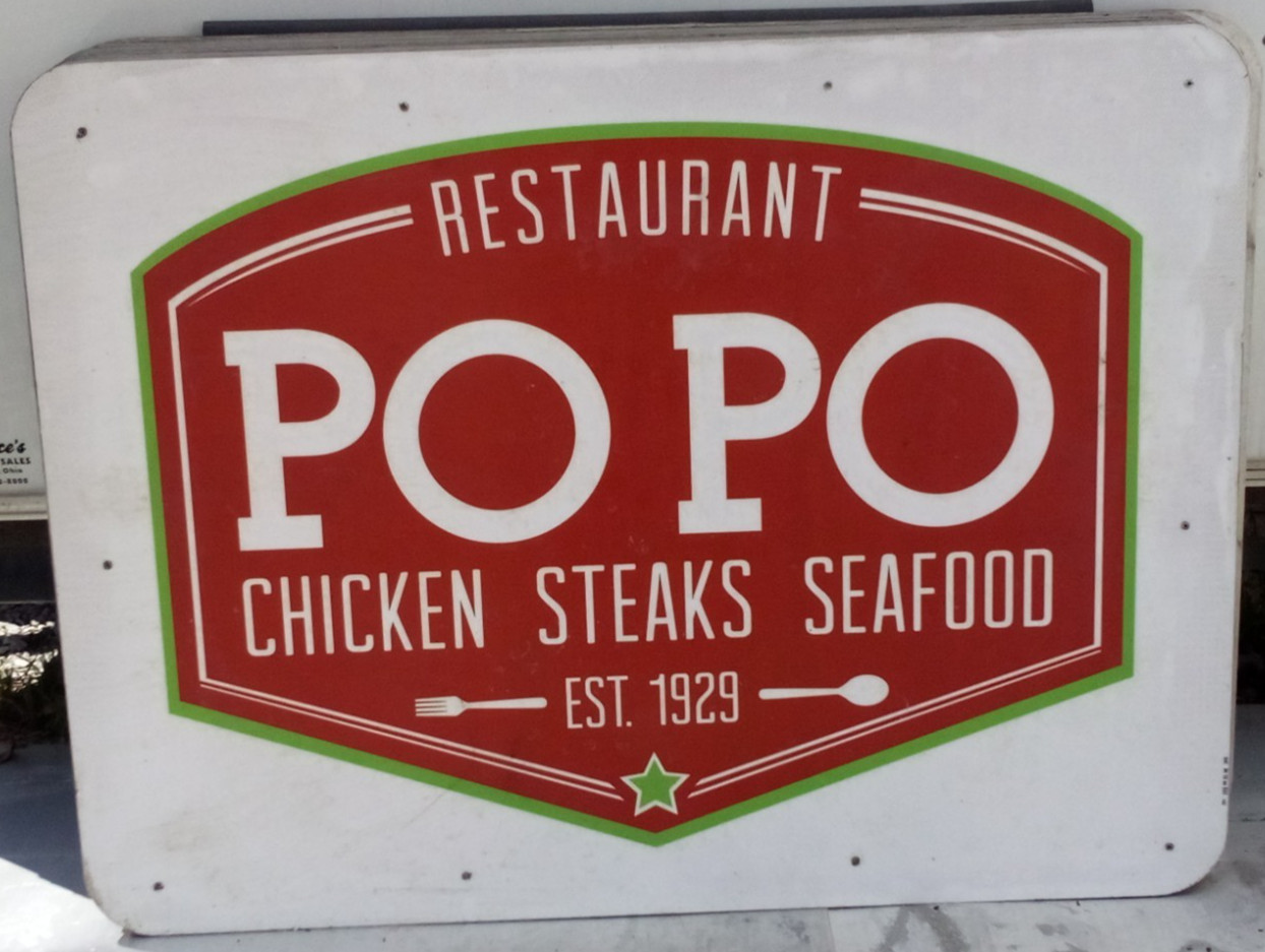 AUTHENTIC RETIRED ADVERTISING HWY EXIT SIGN POPO CHICKEN STEAK SEAFOOD 48X36 A51