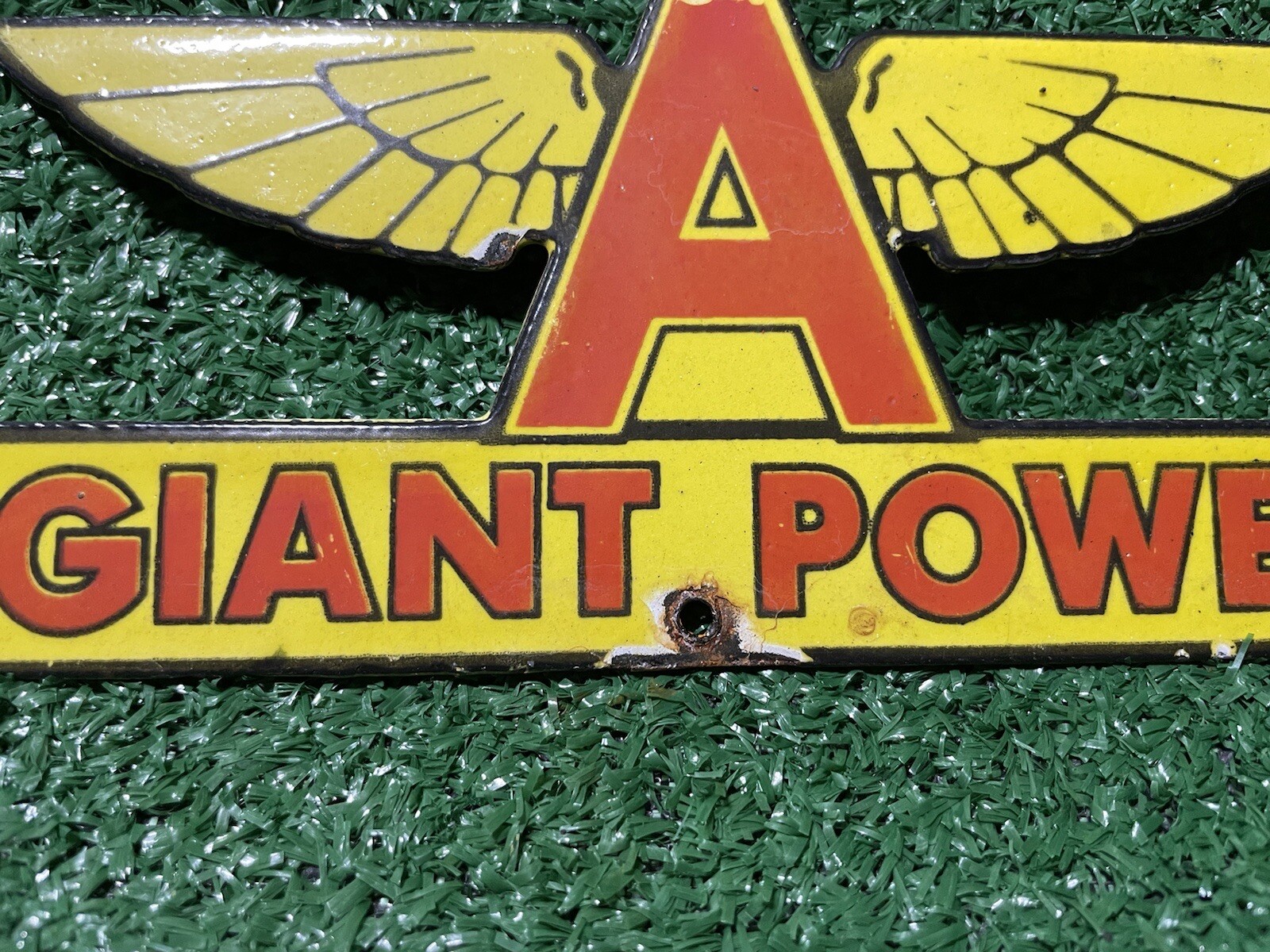 VINTAGE FLYING A PORCELAIN SIGN GIANT POWER GAS OIL SERVICE STATION FIGURAL LUBE