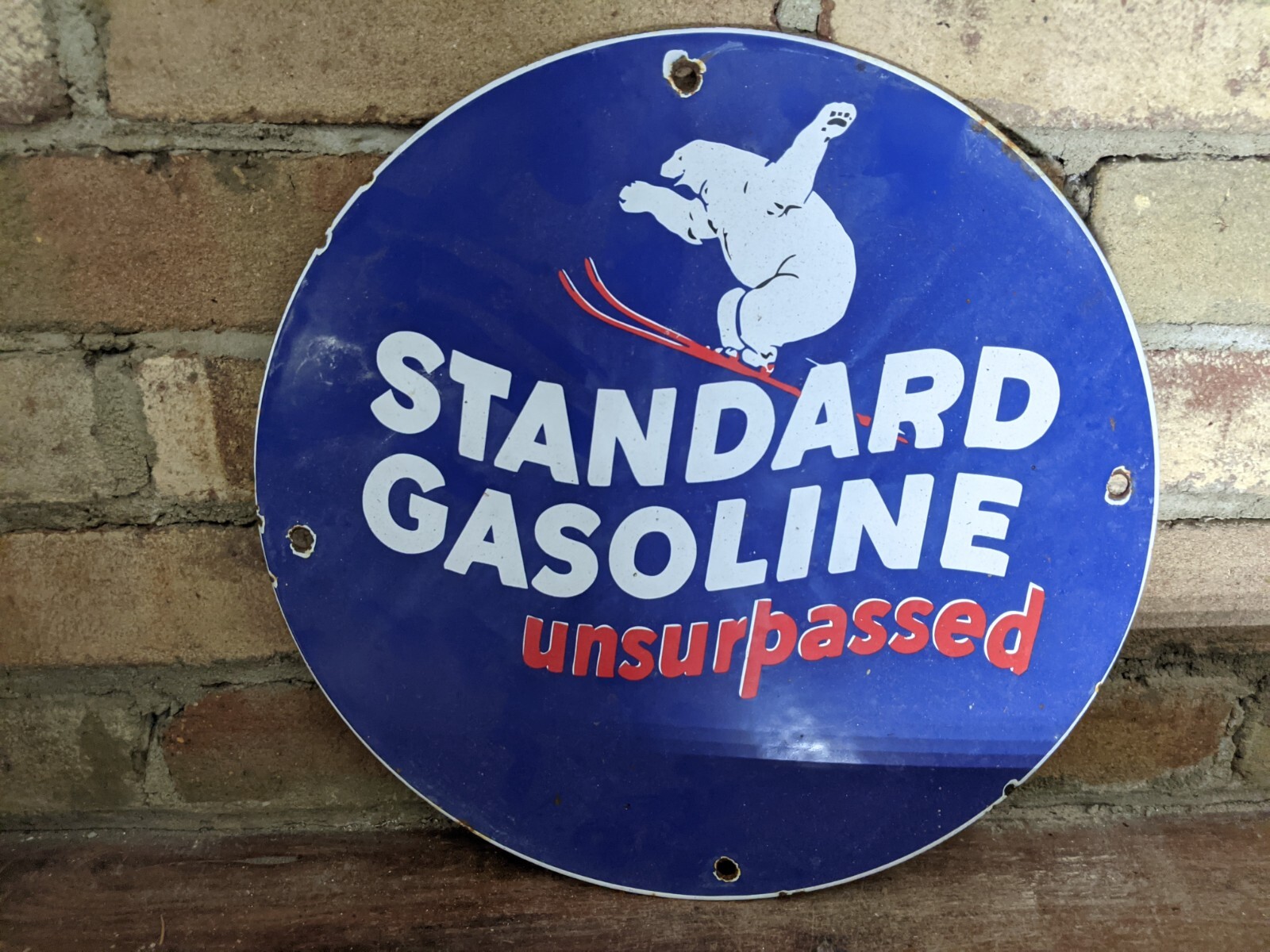VINTAGE STANDARD GASOLINE UNSURPASSED PORCELAIN GAS STATION PUMP METAL SIGN 12″
