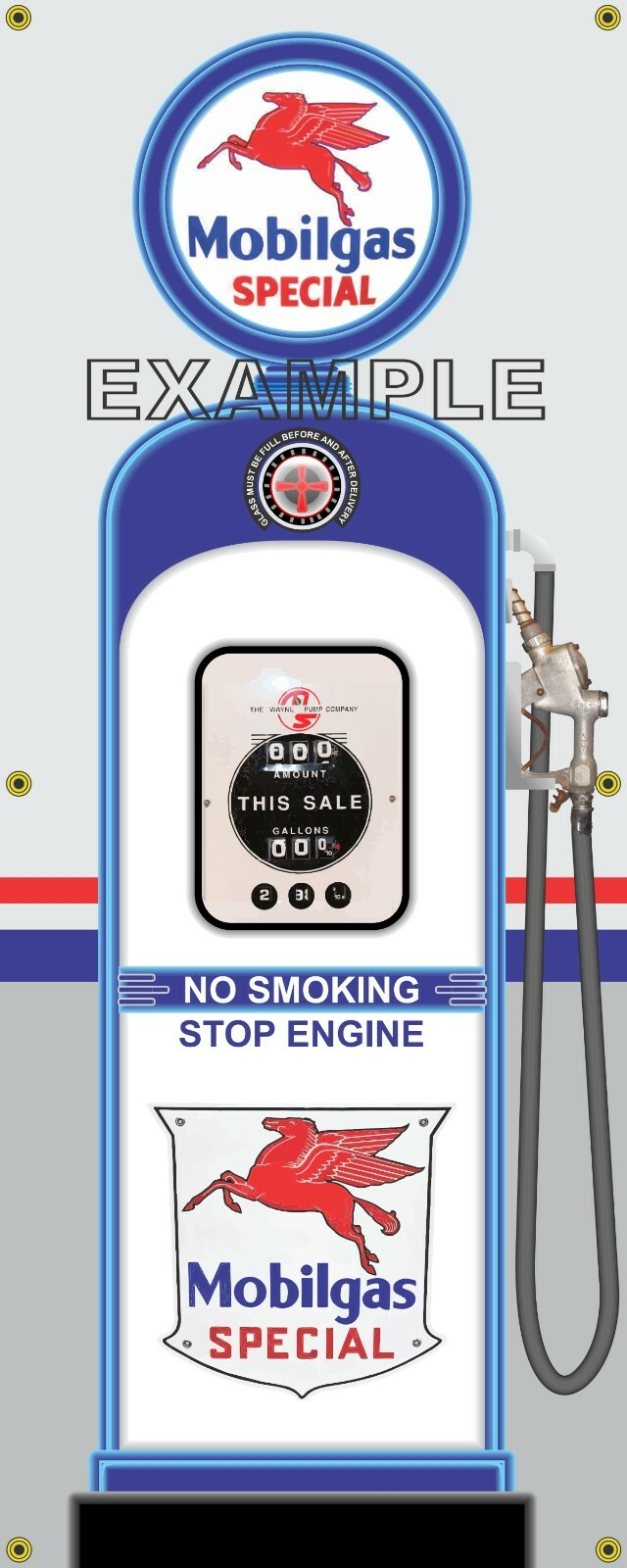 MOBIL GAS PUMP WAYNE 50s STYLE REGULAR PREMIUM OR SET 2 X 5 REMAKE BANNER ART