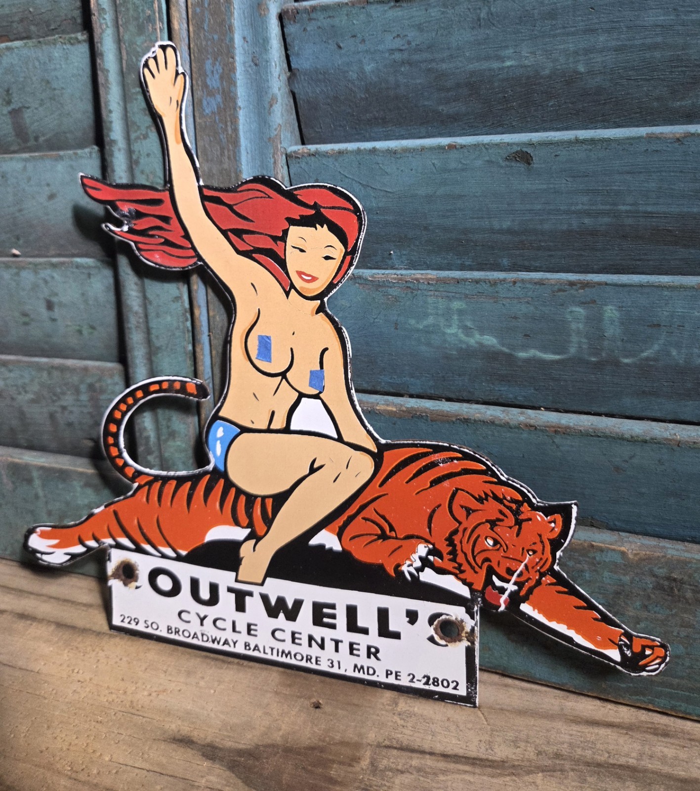 VINTAGE BOUTWELL’S CYCLE CENTER 9” PORCELAIN MOTORCYCLE DEALER SIGN PINUP
