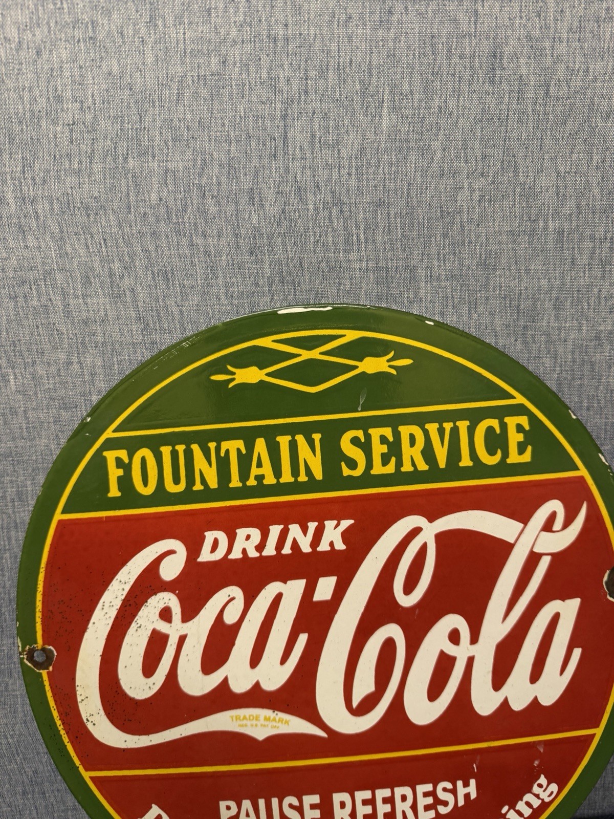 Vintage Coca Cola Fountain Service Porcelain Enamel Sign.