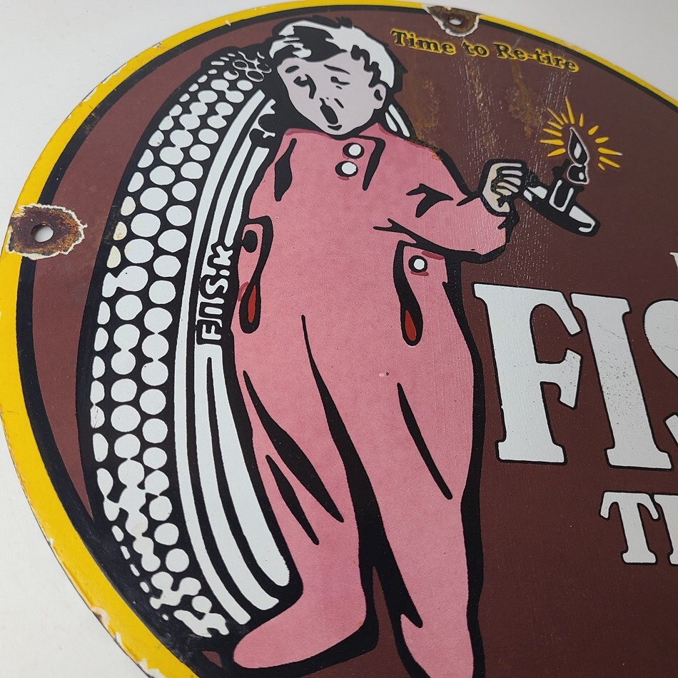Vintage Fisk Tires Sign – Automobile Car Sales Service Gas Pump Porcelain Sign